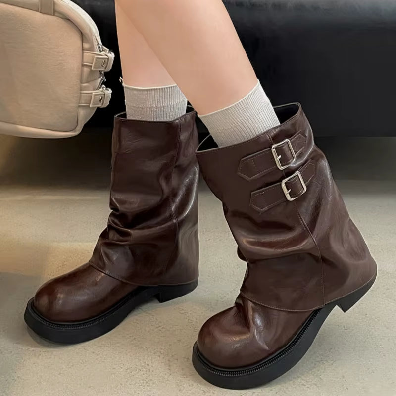 Retro Style Women Half Boots 2025 Autumn Fashion Ladies Slip on Knight Boots outside Comfortable Mid Heel Punk Women Boots
