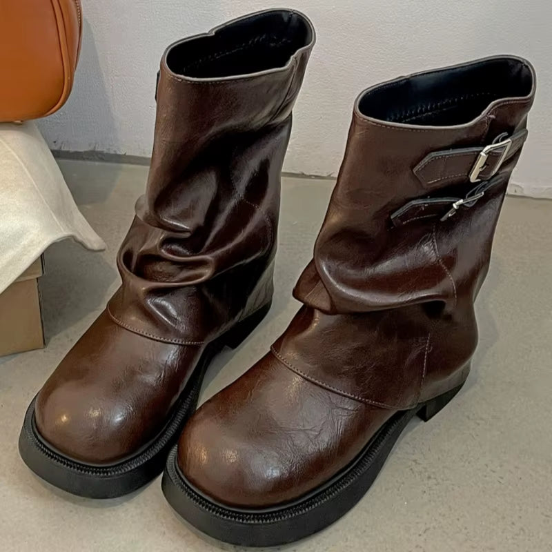 Retro Style Women Half Boots 2025 Autumn Fashion Ladies Slip on Knight Boots outside Comfortable Mid Heel Punk Women Boots