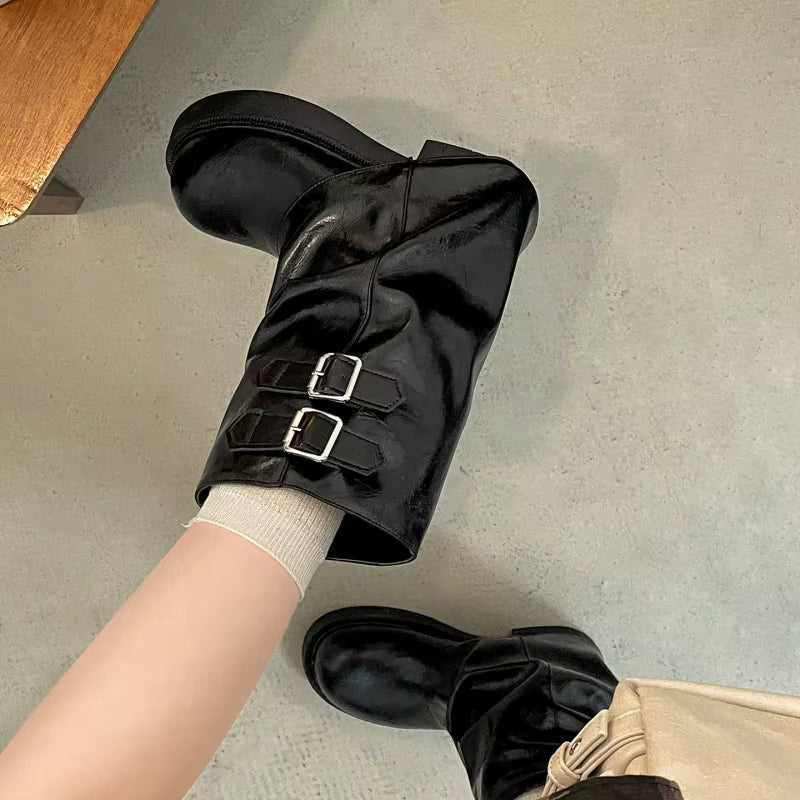 Retro Style Women Half Boots 2025 Autumn Fashion Ladies Slip on Knight Boots outside Comfortable Mid Heel Punk Women Boots