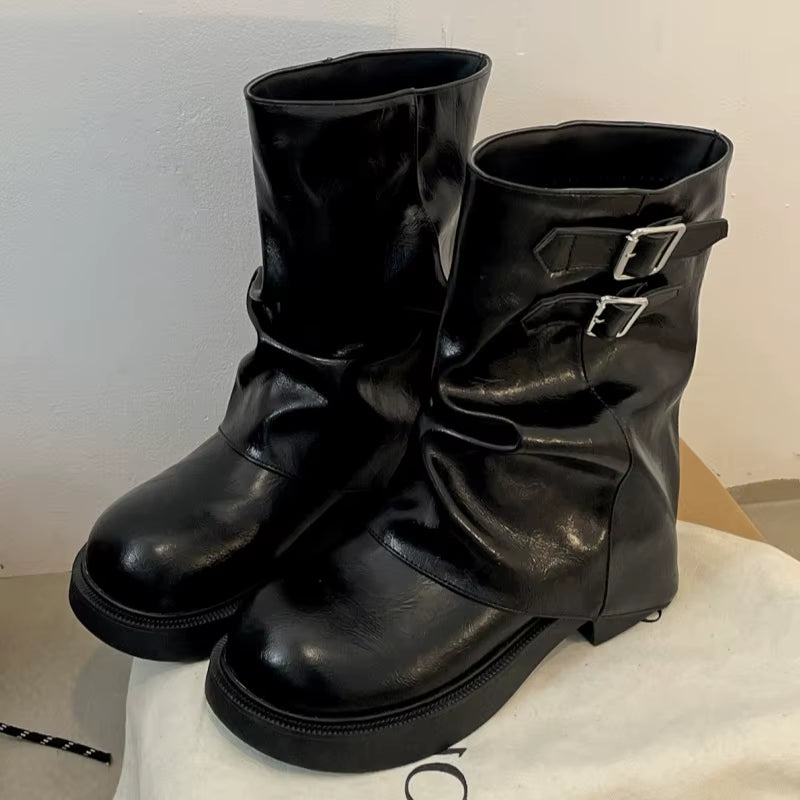 Retro Style Women Half Boots 2025 Autumn Fashion Ladies Slip on Knight Boots outside Comfortable Mid Heel Punk Women Boots