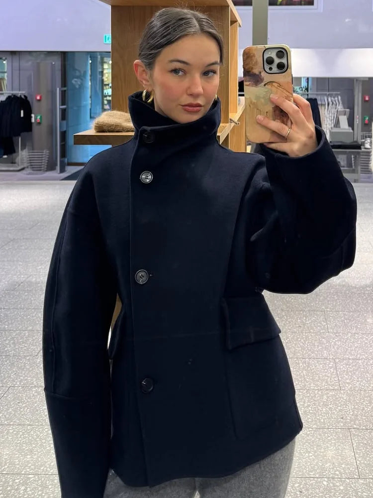 Chic and Elegant Stand Collar Woolen Jacket for Women - Perfect for Autumn/Winter Nights