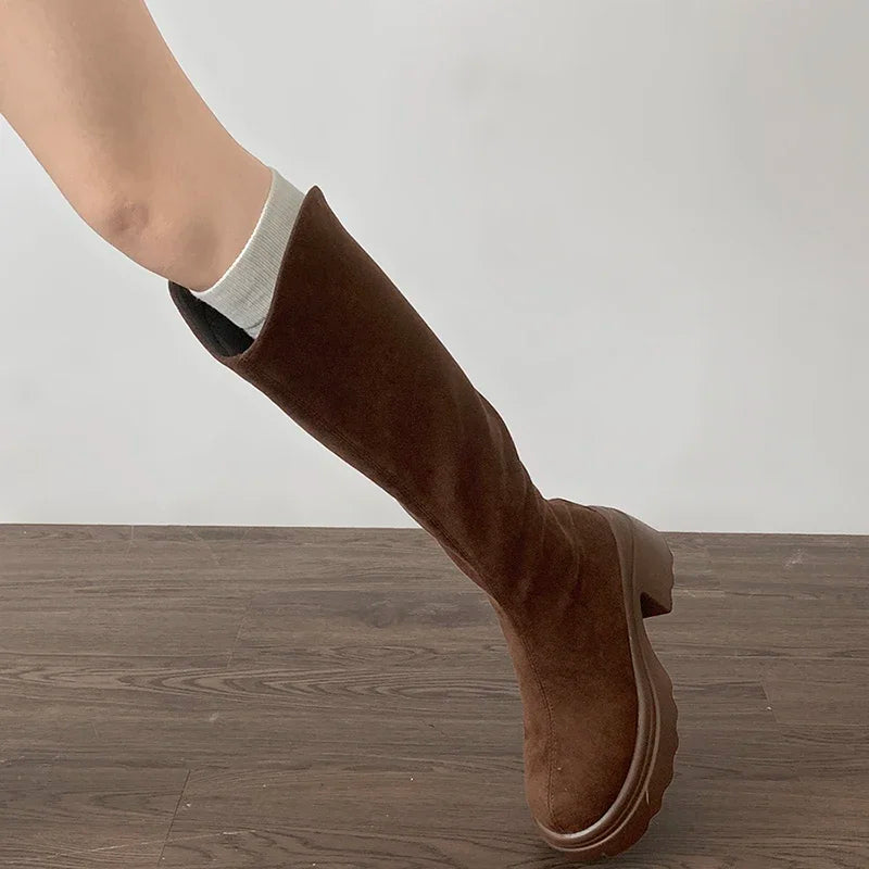 Elegant Chic Vintage High Boots for Women - Slim Fit with Back Zippers, Ideal for Autumn & Winter, Stylish Thick Heel Knight Booties