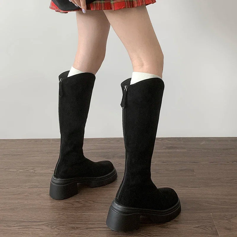 Elegant Chic Vintage High Boots for Women - Slim Fit with Back Zippers, Ideal for Autumn & Winter, Stylish Thick Heel Knight Booties