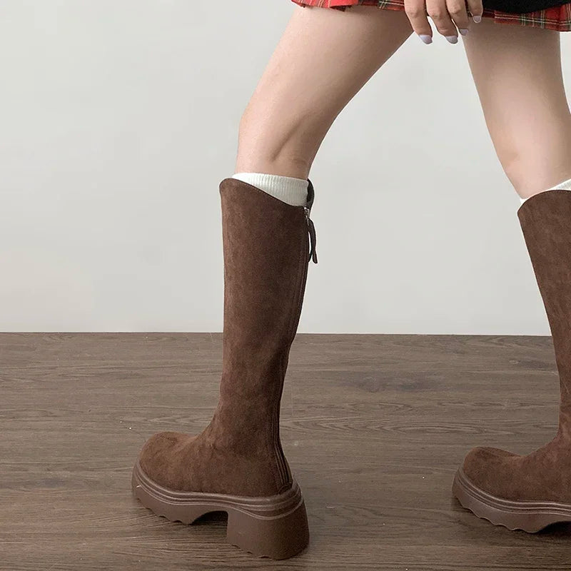 Elegant Chic Vintage High Boots for Women - Slim Fit with Back Zippers, Ideal for Autumn & Winter, Stylish Thick Heel Knight Booties