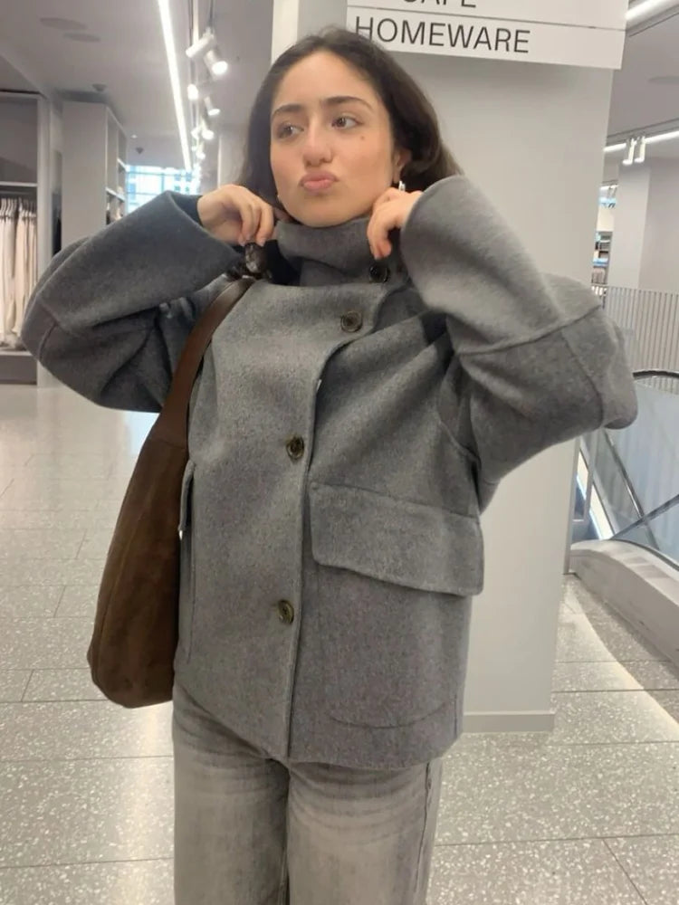 Chic and Elegant Stand Collar Woolen Jacket for Women - Perfect for Autumn/Winter Nights