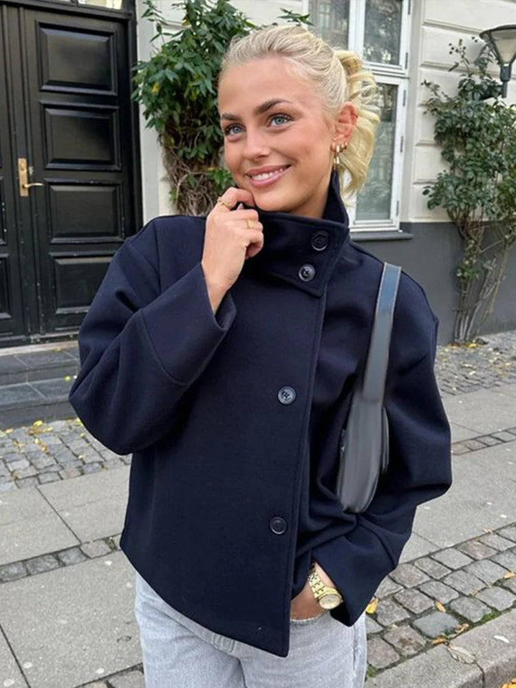 Chic and Elegant Stand Collar Woolen Jacket for Women - Perfect for Autumn/Winter Nights