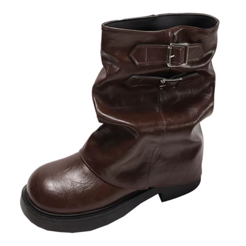 Retro Style Women Half Boots 2025 Autumn Fashion Ladies Slip on Knight Boots outside Comfortable Mid Heel Punk Women Boots